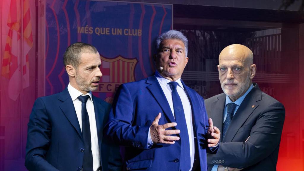 Aleksander Ceferin, Joan Laporta y Javier Tebas, presidentes de UEFA, Barça y Liga, en un fotomontaje