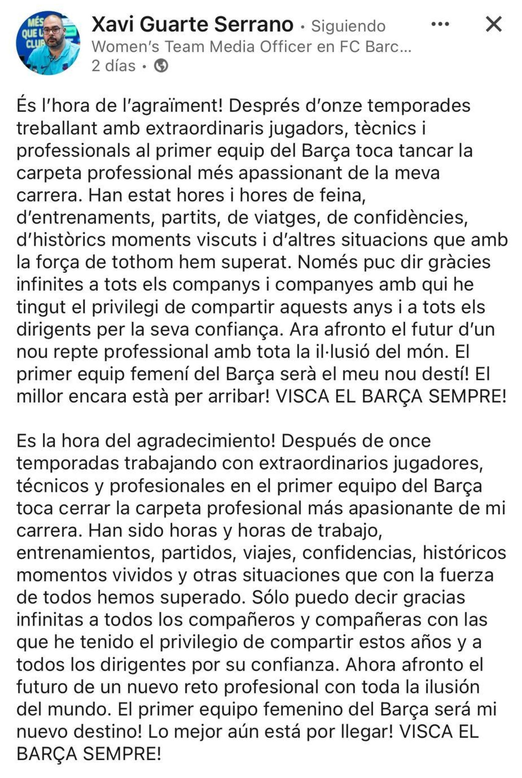 Xavi Guarte se despide del primer equipo del Barça masculino para recalar en el Femenino