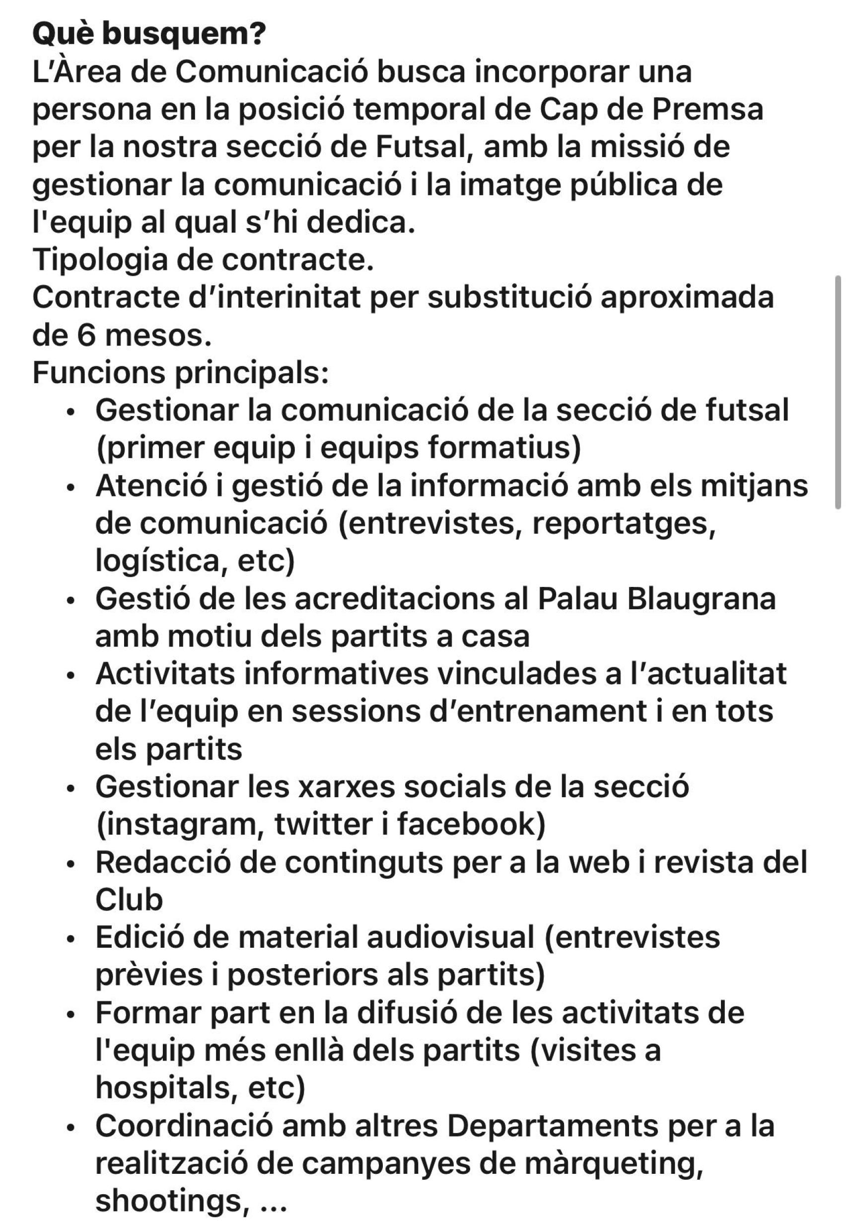 La oferta del Barça en LinkedIn para jefe de prensa temporal del futsal (1)