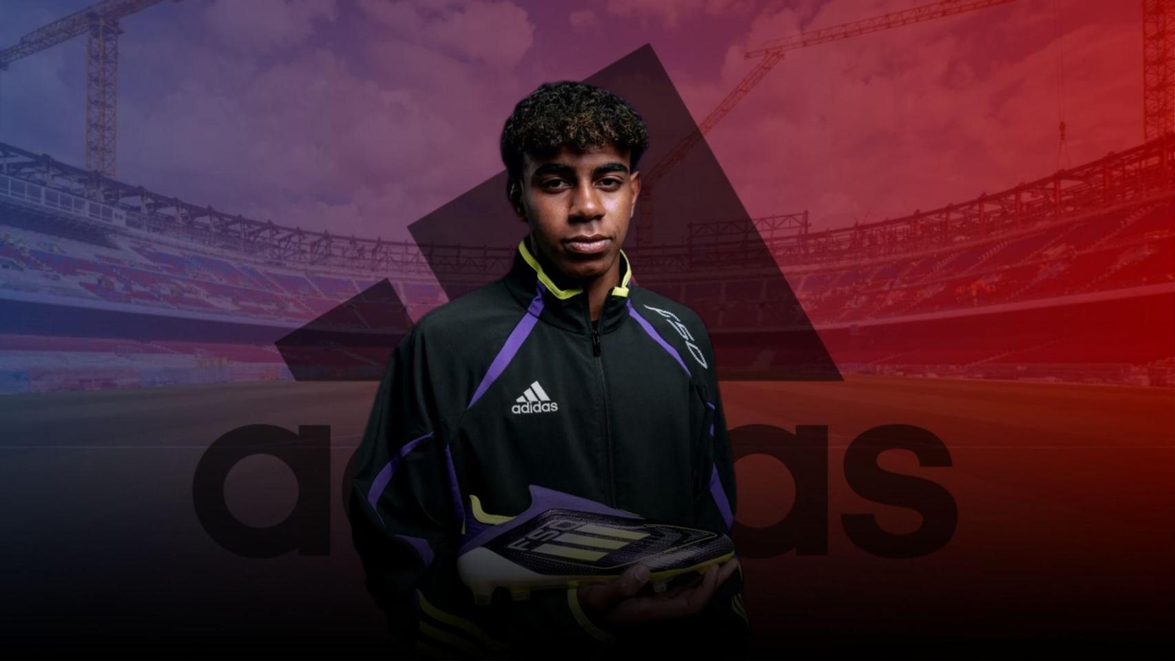 Lamine Yamal y el logotipo de Adidas en un montaje sobre el Camp Nou