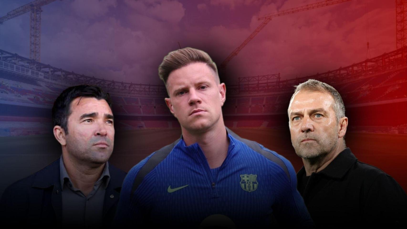 Deco, Ter Stegen y Hansi Flick en un montaje sobre el Camp Nou