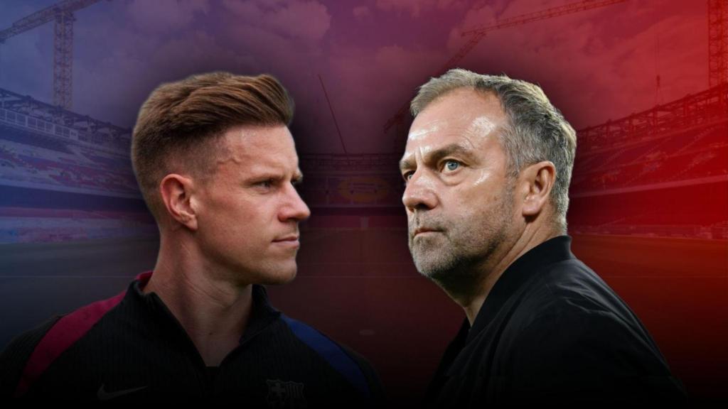 Ter Stegen y Hansi Flick en un montaje sobre el Camp Nou