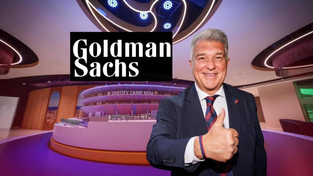El presidente del Barça, Joan Laporta, en un fotomontaje con el logotipo de Goldman Sachs