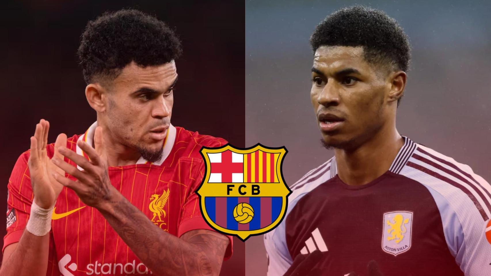 Luis Díaz y Marcus Rashford, en un fotomontaje con el escudo del Barça