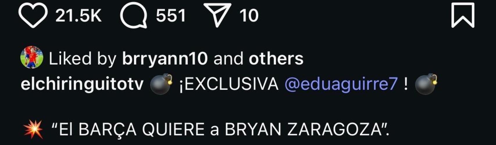 Bryan Zaragoza manda un guiño al Barça a través de Instagram