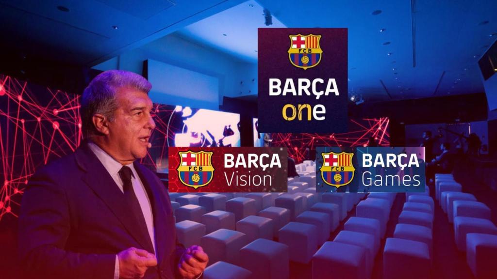 Joan Laporta, en un fotomontaje con los logotipos de Barça One, Barça Vision y Barça Games