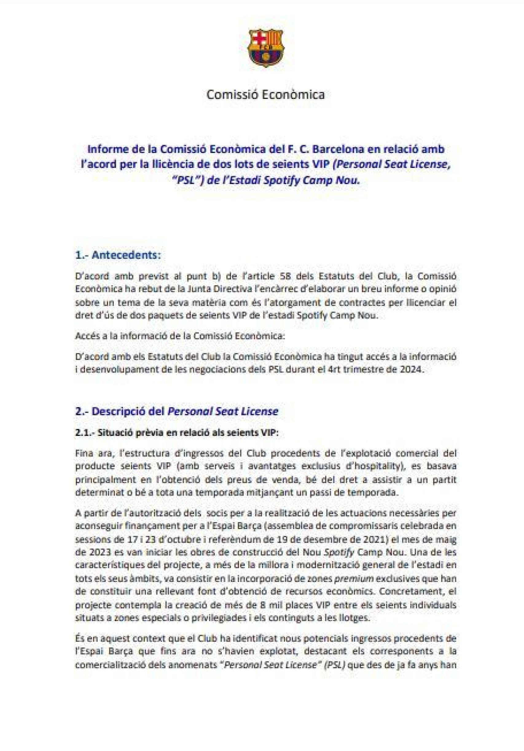 El comunicado de enero de la Comisión Económica del Barça sobre la venta del PSL (1)