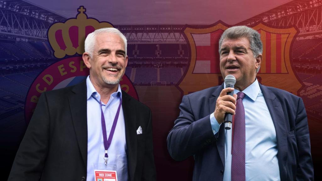 Alan Pace, propietario del Espanyol, en un fotomontaje con Joan Laporta, presidente del Barça
