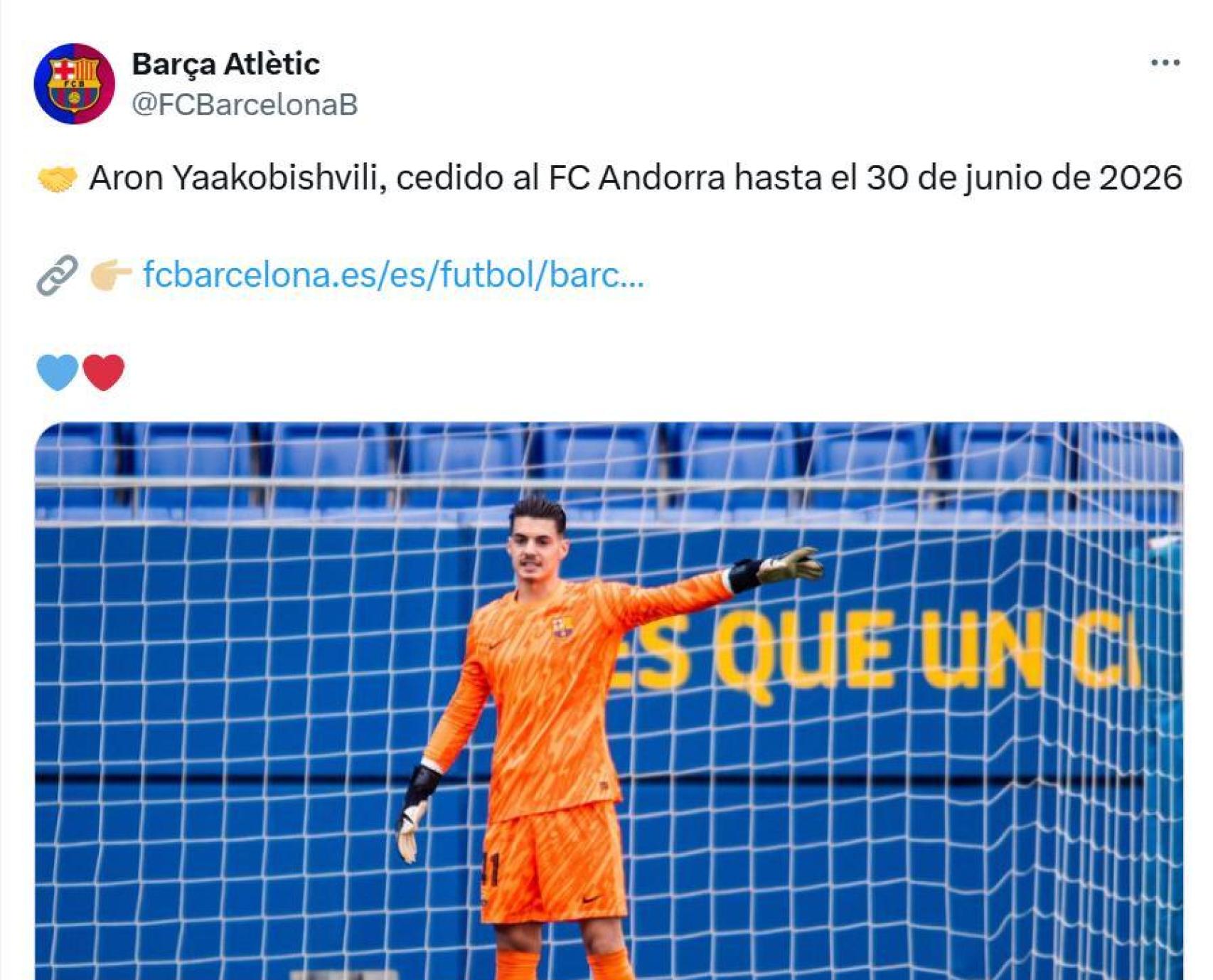 El anuncio oficial del Barça B de la salida de Yaakobishvili al Andorra