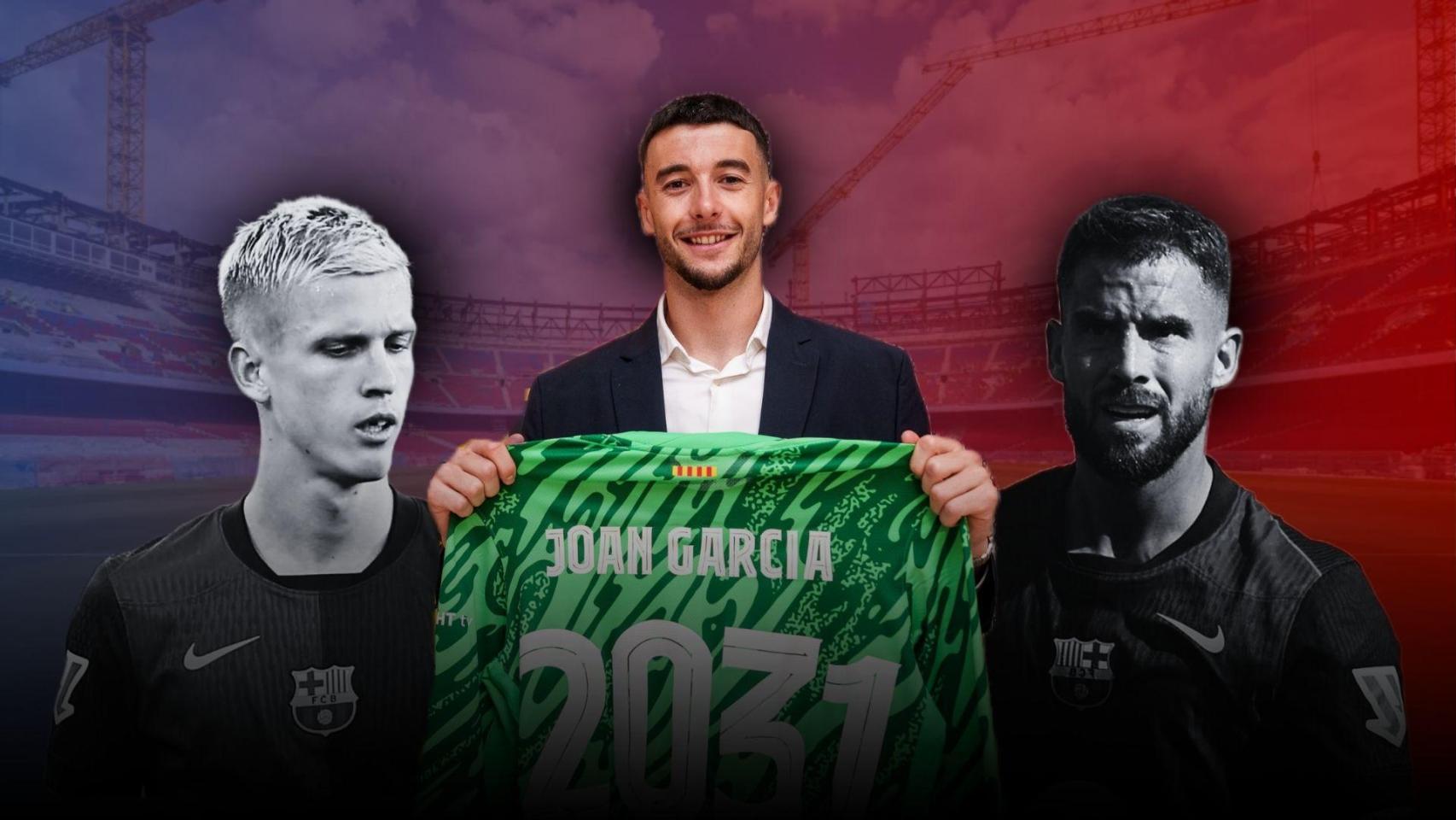 Dani Olmo, Joan García e Iñigo Martínez en un montaje sobre el Camp Nou