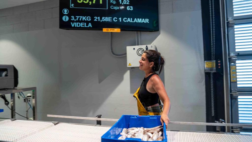 La joven coloca el pescado en la cinta para que los posibles compradores lo puedan ver