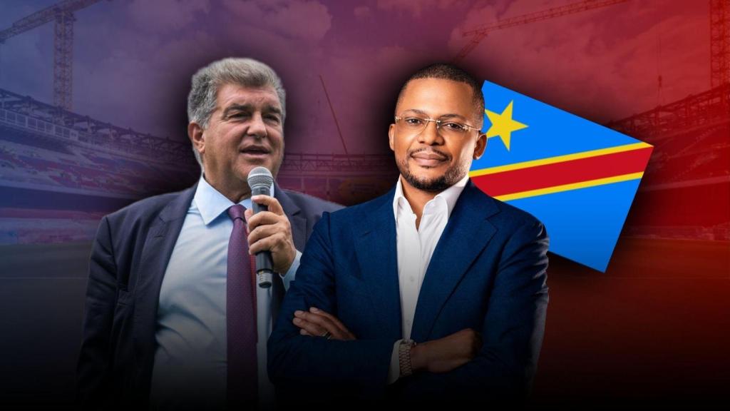 Joan Laporta, Didier Budimbu, ministro de deportes del Congo, y la bander de la República Demcrática del Congo en un montaje
