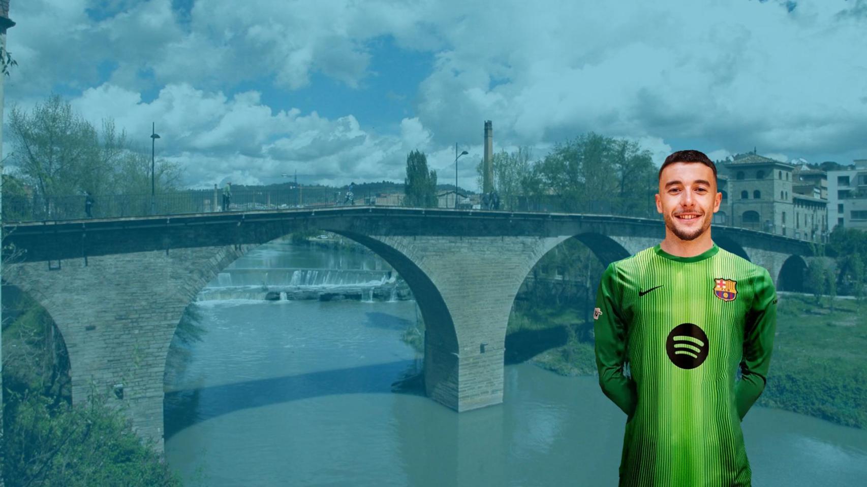 Fotomontaje del jugador del Barça Joan Garcia sobre una imagen de su pueblo, Sallent