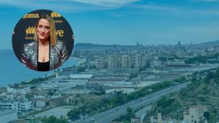 Montaje de Mireia Belmonte con Badalona de fondo