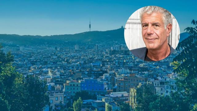 Montaje de Anthony Bourdain con Barcelona de fondo