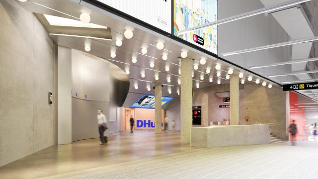 Interior de la futura estación de metro del DHub de Barcelona