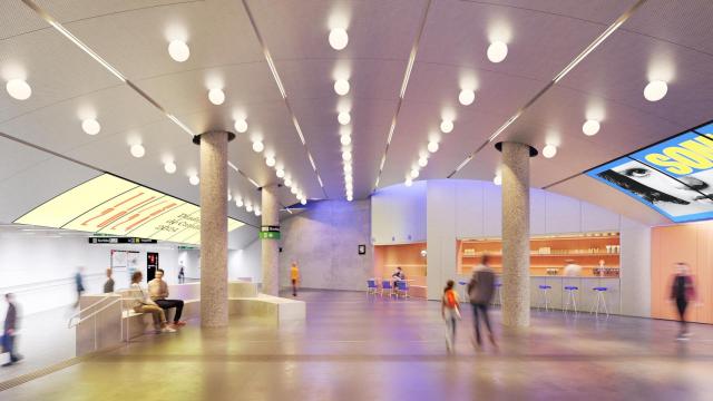 Interior de la futura estación de metro del DHub de Barcelona