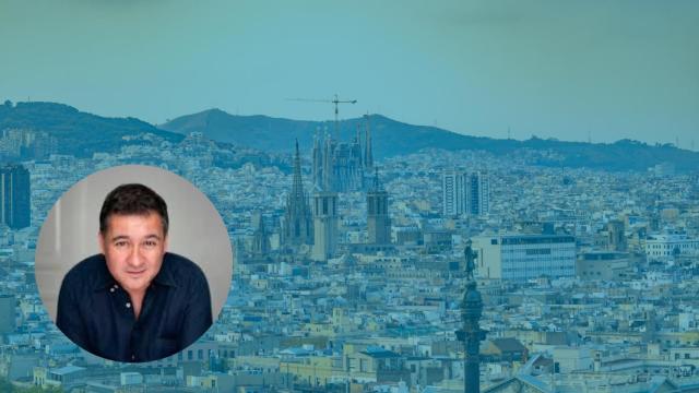 Fotomontaje de Secun de la Rosa sobre un fondo de la ciudad de Barcelona