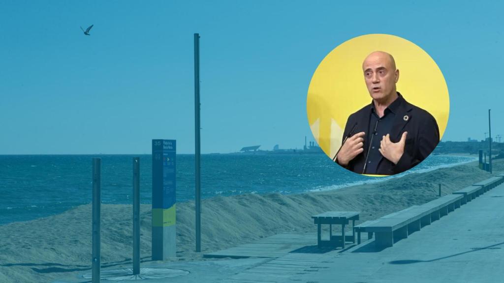 Un montaje de una playa en Badalona y una imagen de Tomàs Molina