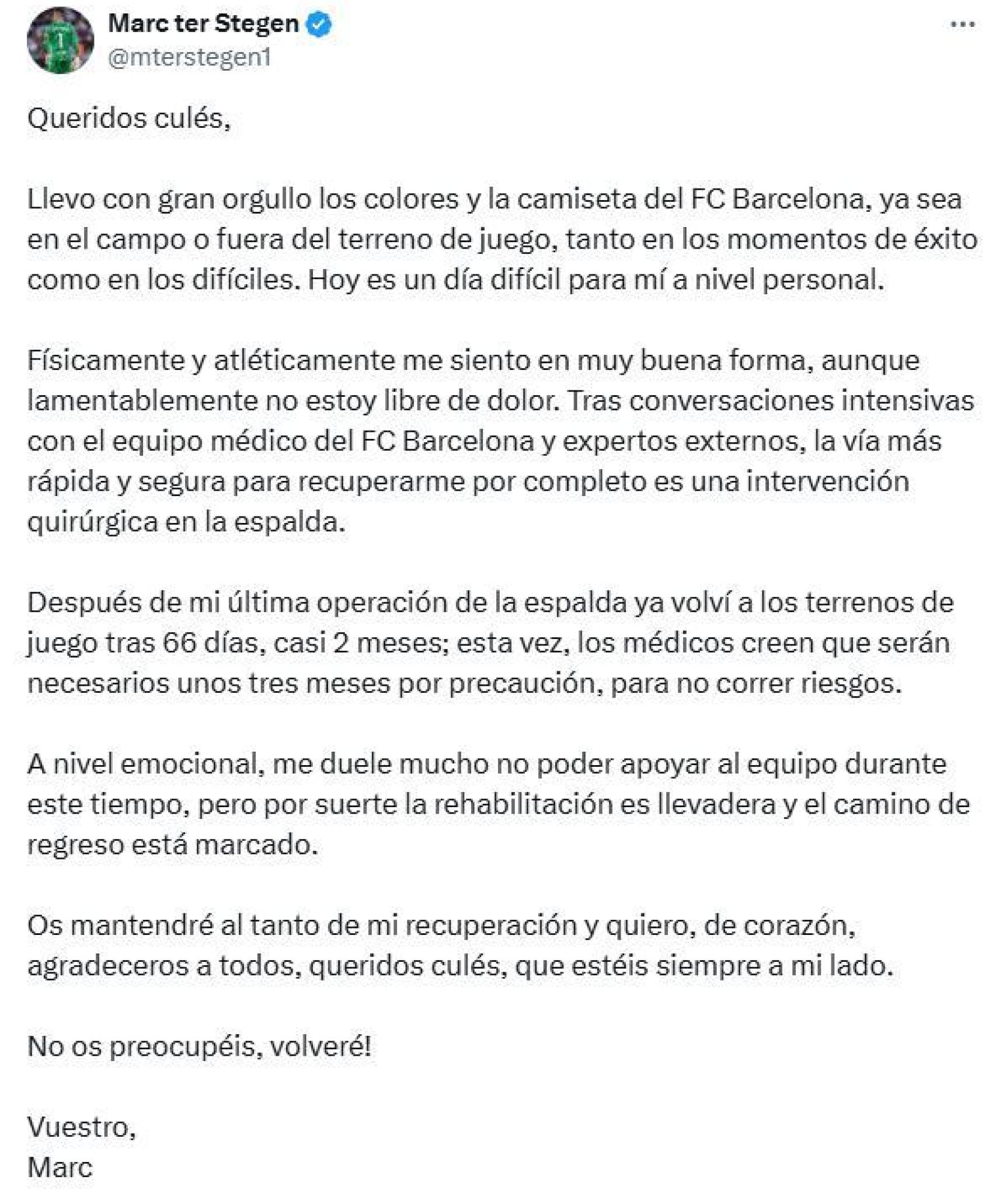 El comunicado de Marc-André ter Stegen sobre su lesión