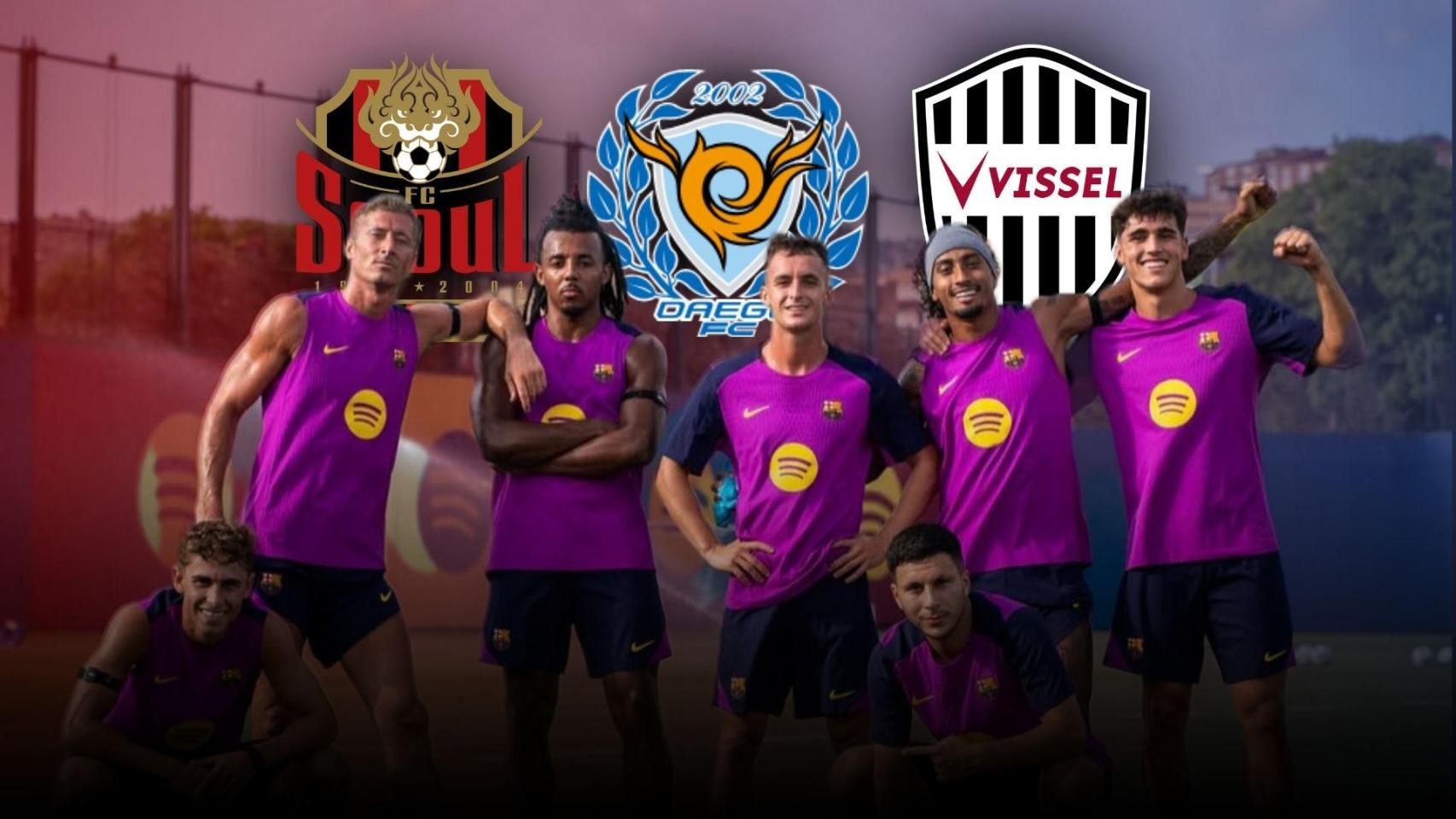 Los jugadores del Barça y los escudos de sus rivales en pretemporada en un montaje