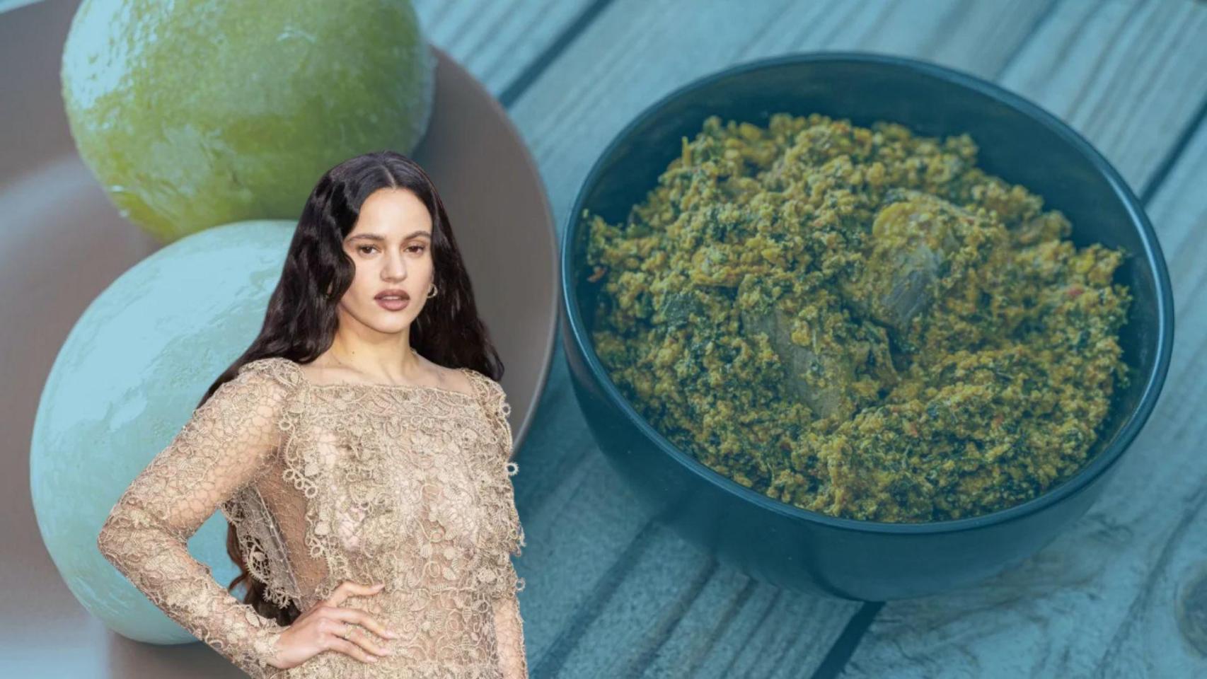 Montaje de Rosalía con su comida favorita de fondo