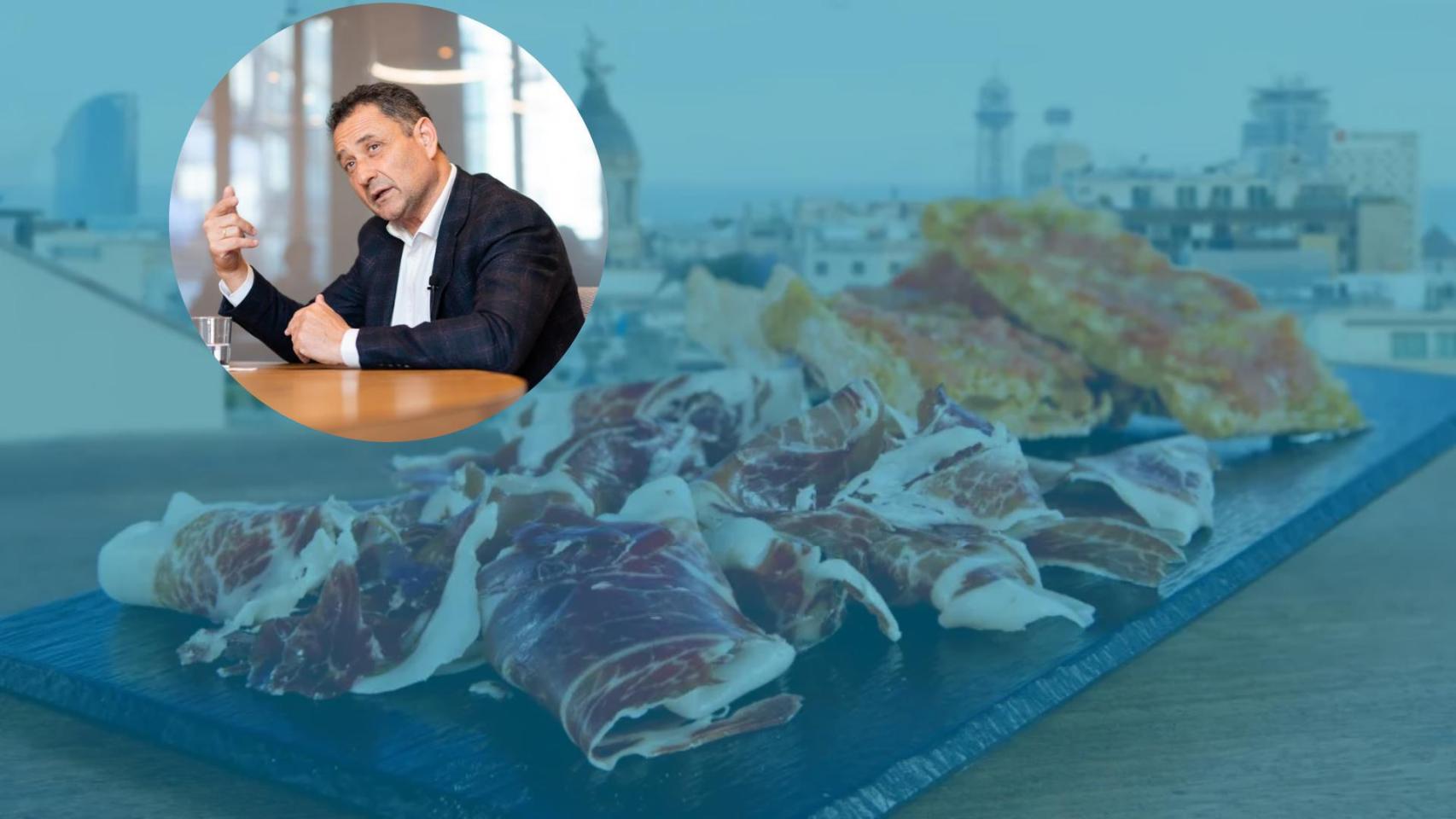 Montaje de Enrique Tomás durante una entrevista con Metrópoli y un plato de jamón