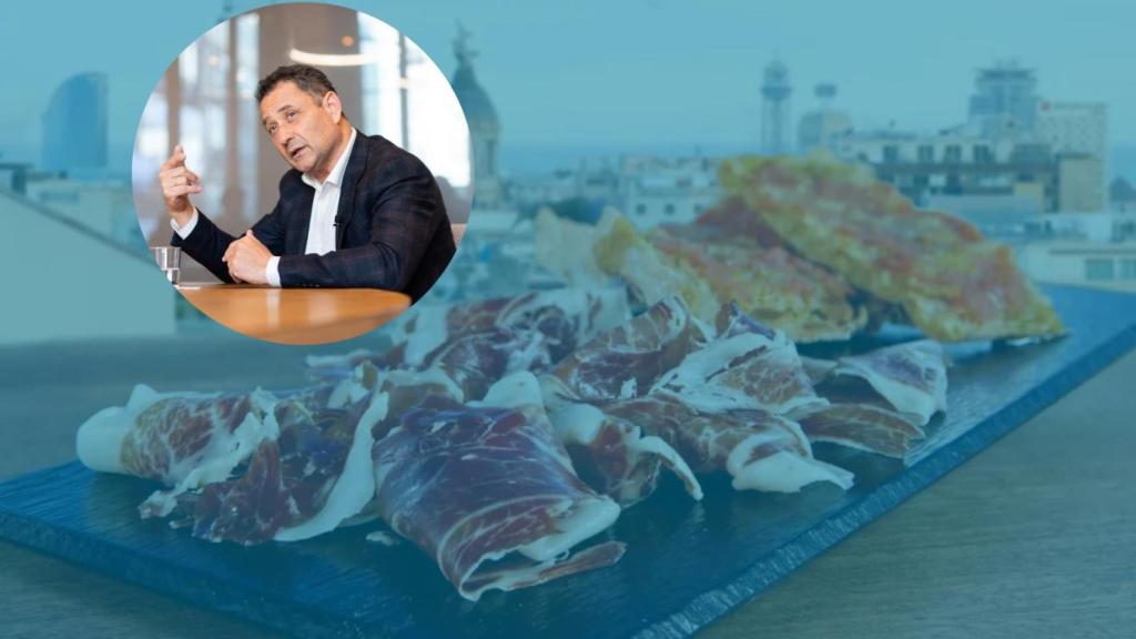 Montaje de Enrique Tomás durante una entrevista con Metrópoli y un plato de jamón