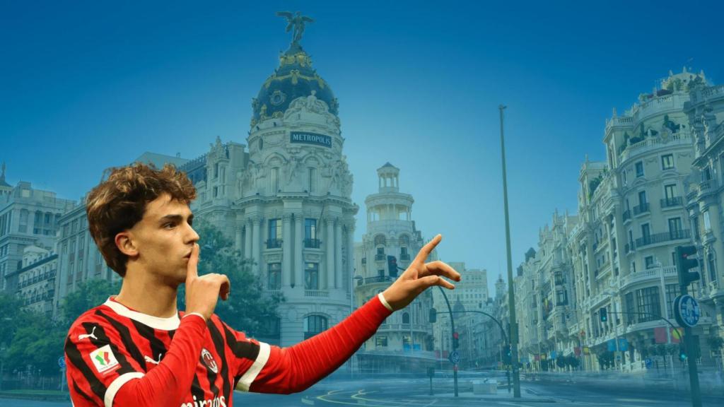 Foto montaje de una foto del futbolista Joao Félix sobre un fondo de la ciudad de Madrid