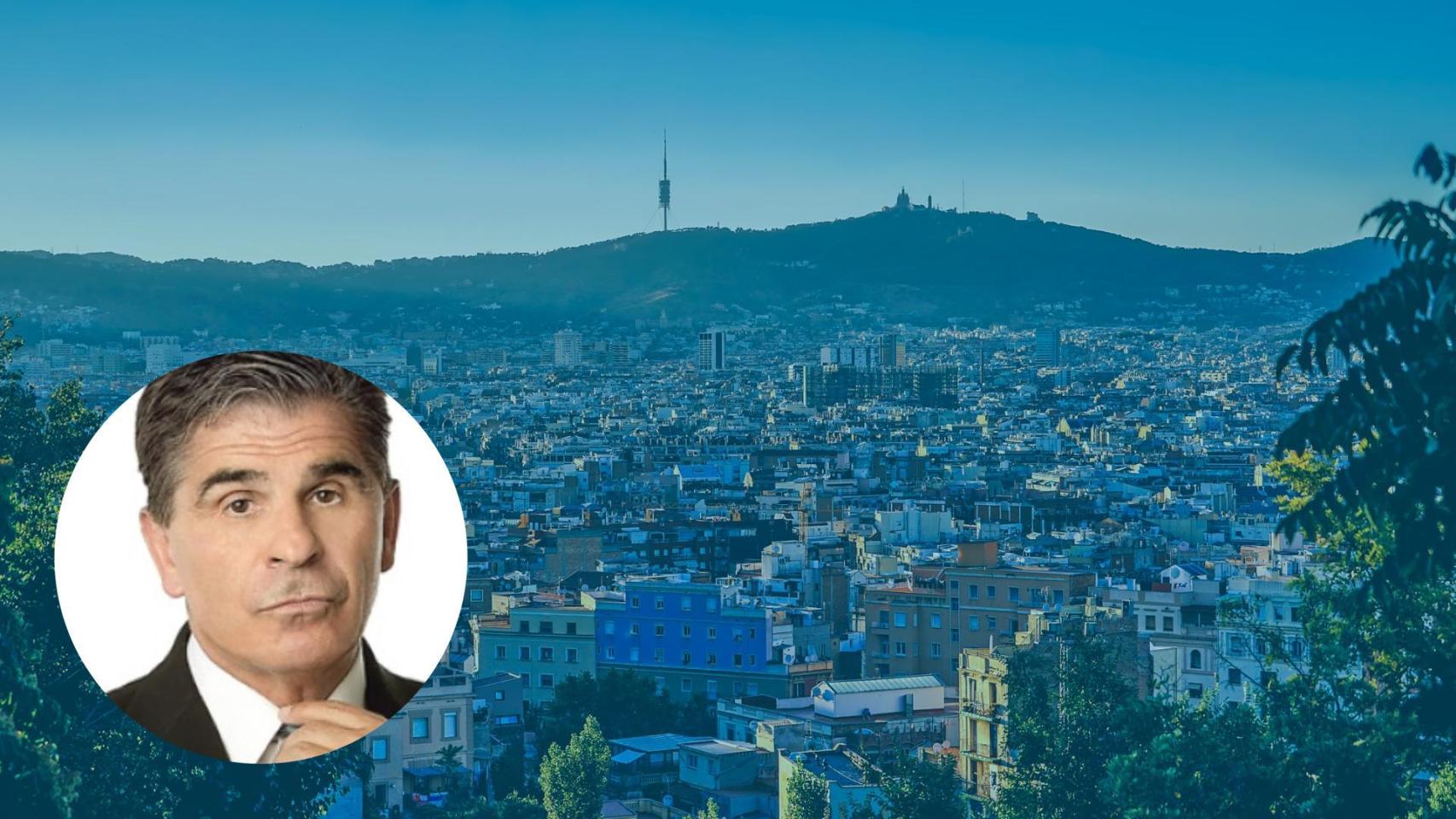 Fotomontaje de Pedro Ruiz en una imagen de archivo sobre un fondo de Barcelona