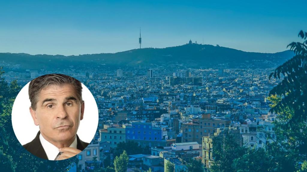 Fotomontaje de Pedro Ruiz en una imagen de archivo sobre un fondo de Barcelona