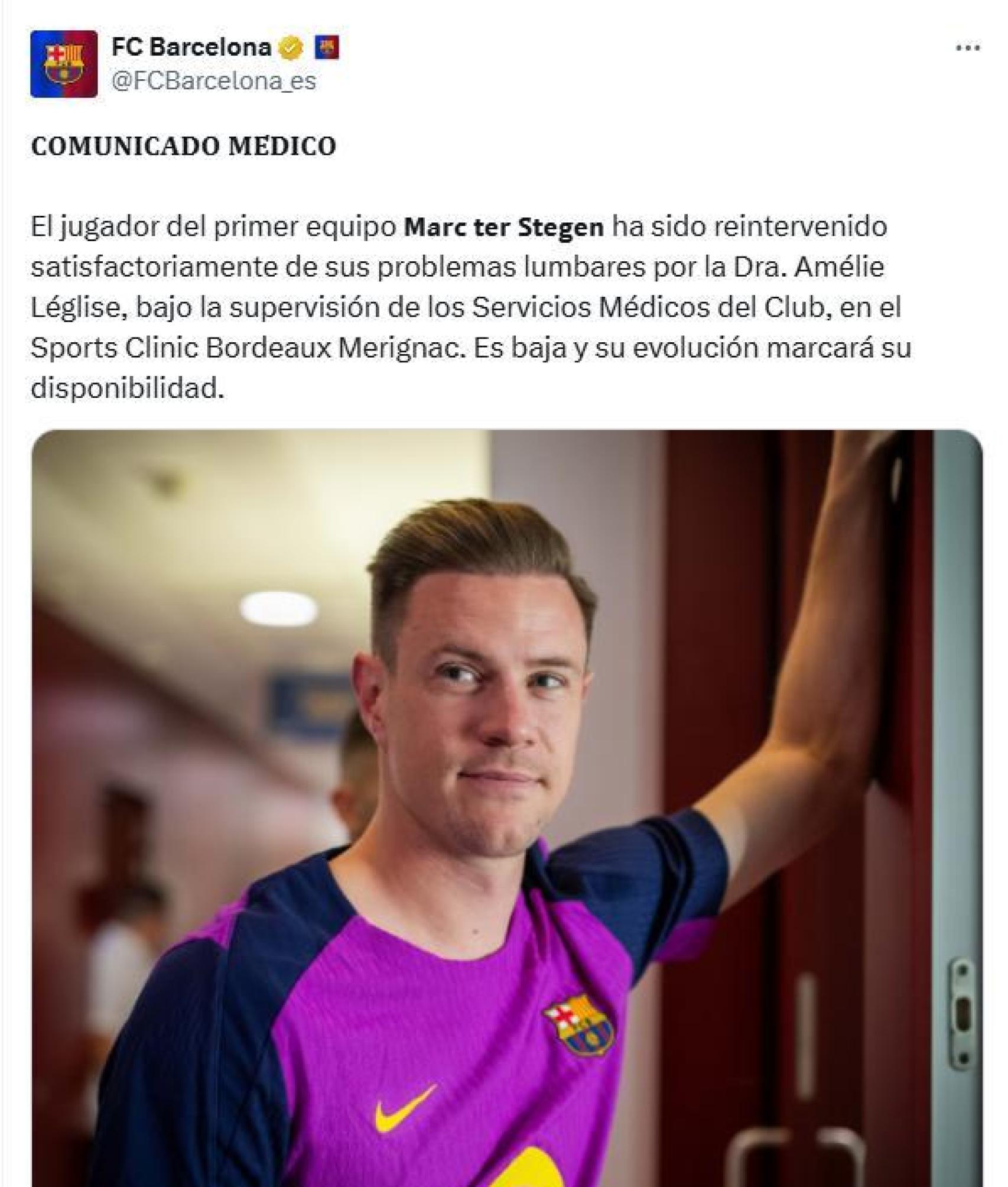 El comunicado del FC Barcelona sobre la operación de Ter Stegen
