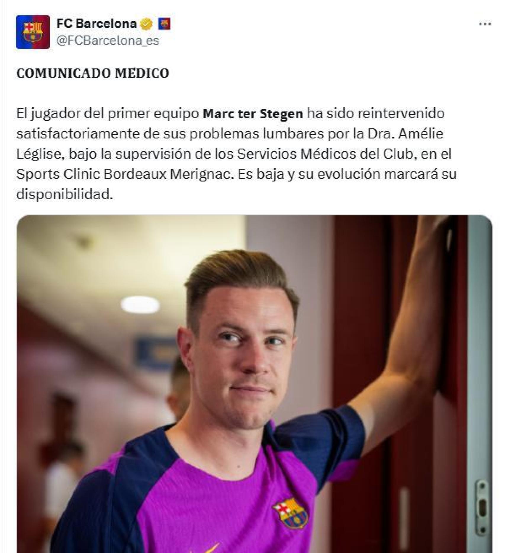 El comunicado del FC Barcelona sobre la operación de Ter Stegen