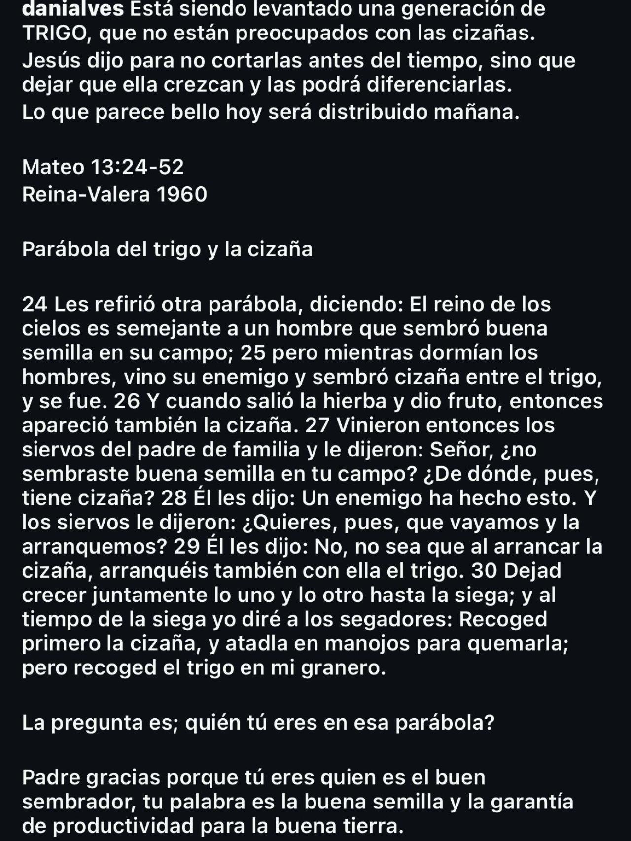 El texto de la publicación de Dani Alves con una camiseta del Barça en Instagram