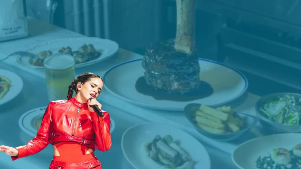 Fotomontaje de una foto de archivo de Rosalía sobre una imagen del restaurante Malparit
