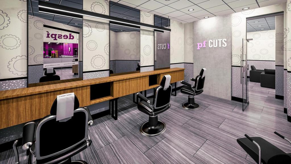 Render de la peluquería y barbería del Planet Fitness de Sant Joan Despí