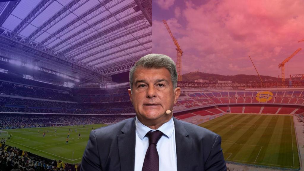 Joan Laporta, en un montaje con el nuevo Santiago Bernabéu y el nuevo Camp Nou de fondo