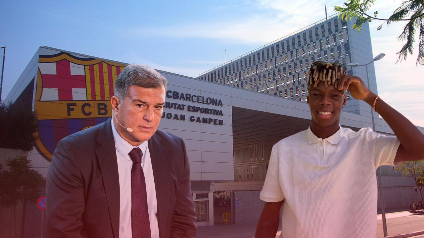 Joan Laporta y Nico Williams, en un fotomontaje con la Ciutat Esportiva Joan Gamper de fondo