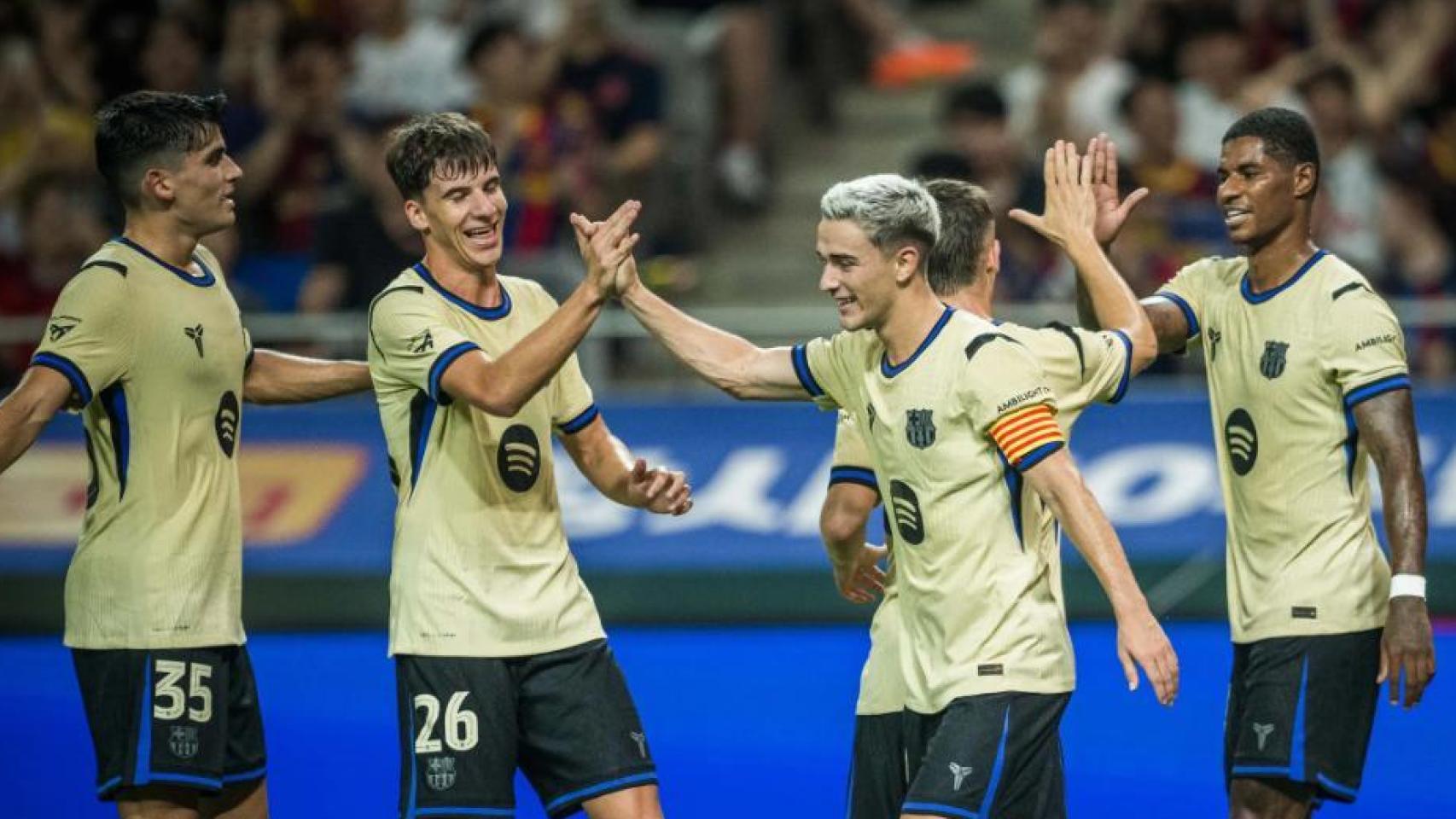Los jugadores del Barça celebran un gol en el partido de pretemporada contra el FC Seoul