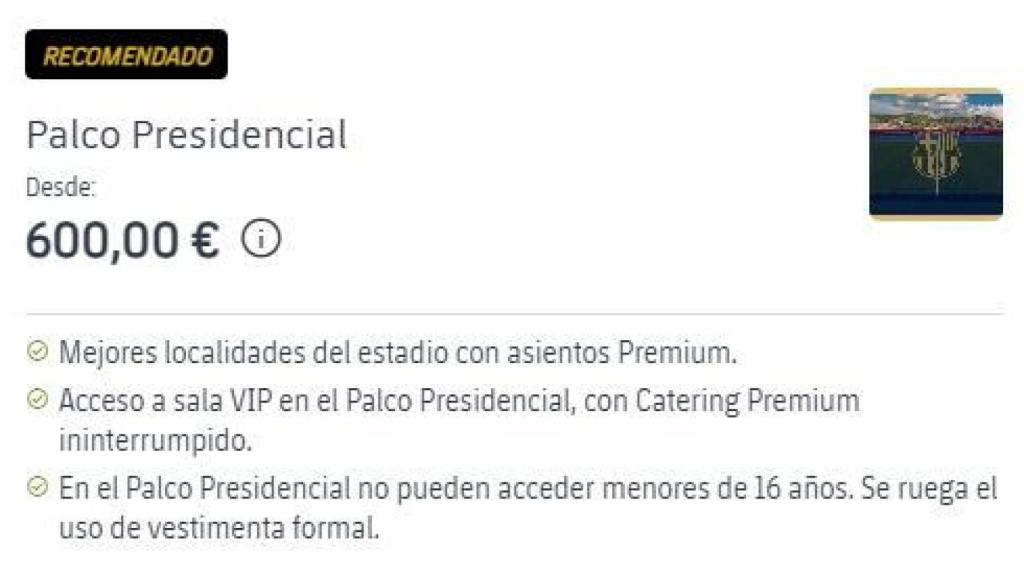 El precio y ventajas de comprar una entrada para el Palco Presidencial en el Gamper
