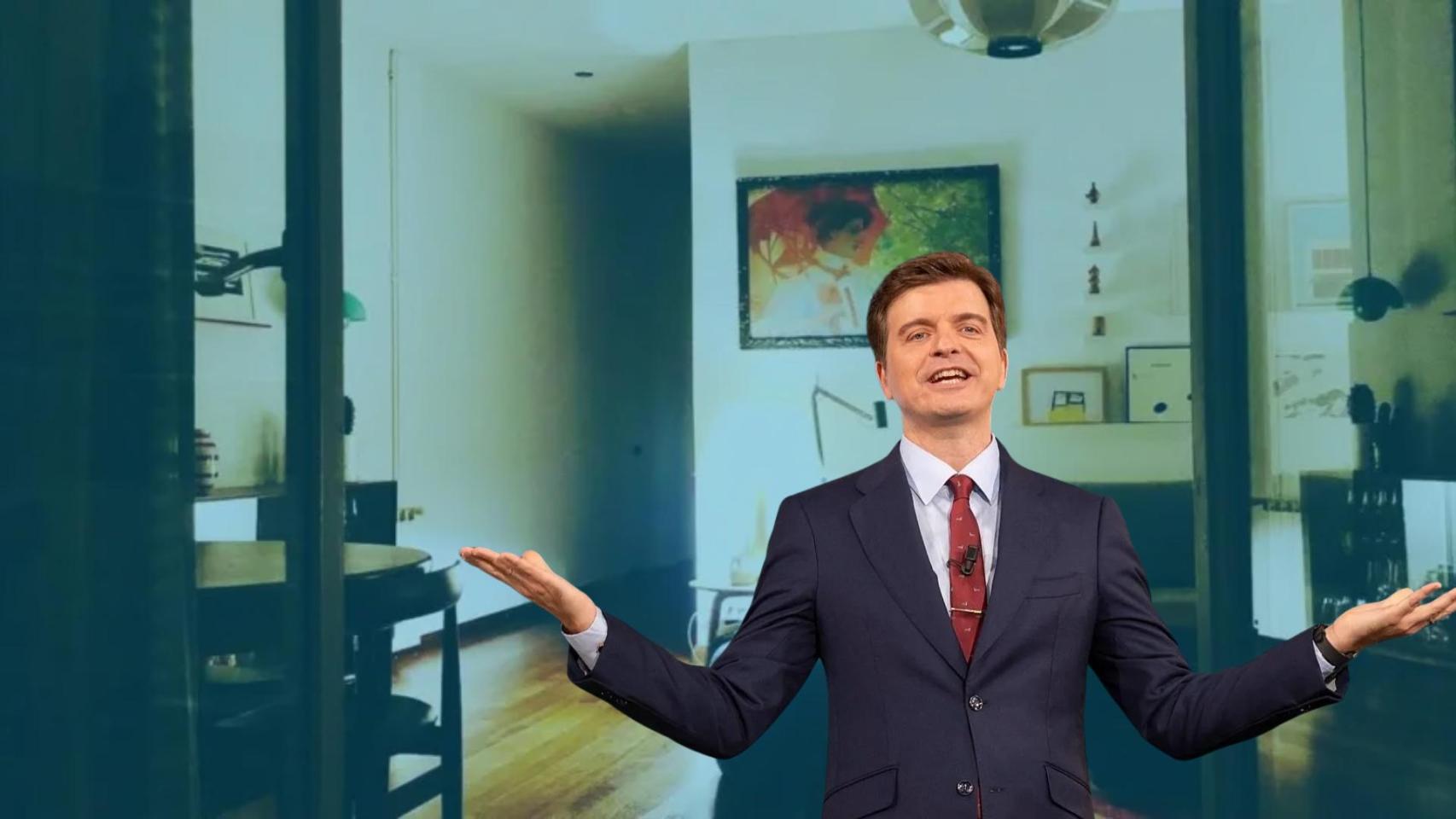 Fotomontaje del presentador Marc Giró con su casa de Barcelona