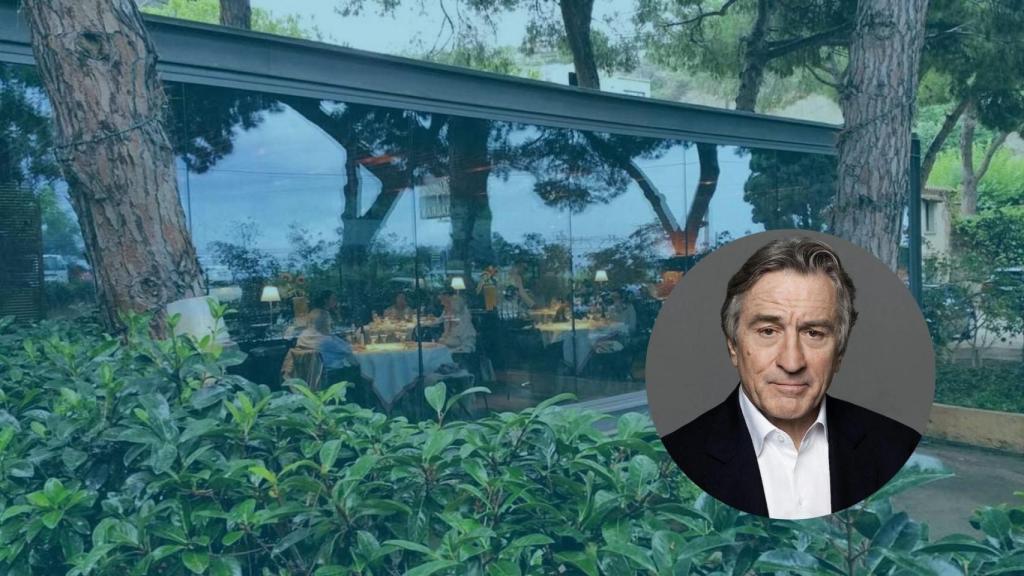 Montaje de Robert De Niro con el restaurante Hispania de Arenys de Mar de fondo