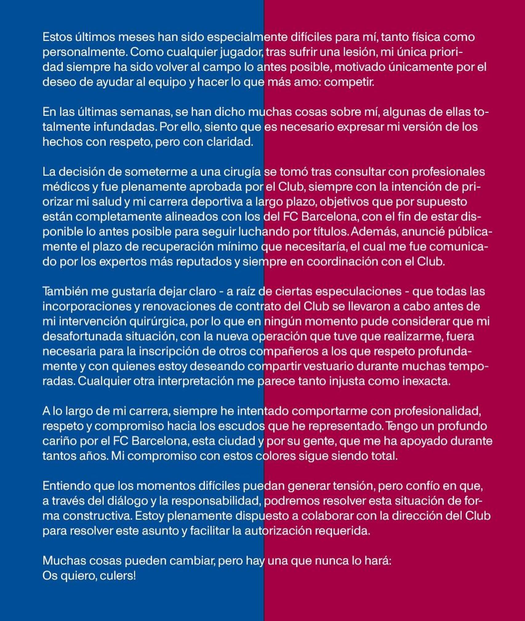 Comunicado de Ter Stegen tras dejar de ser capitán del Barça