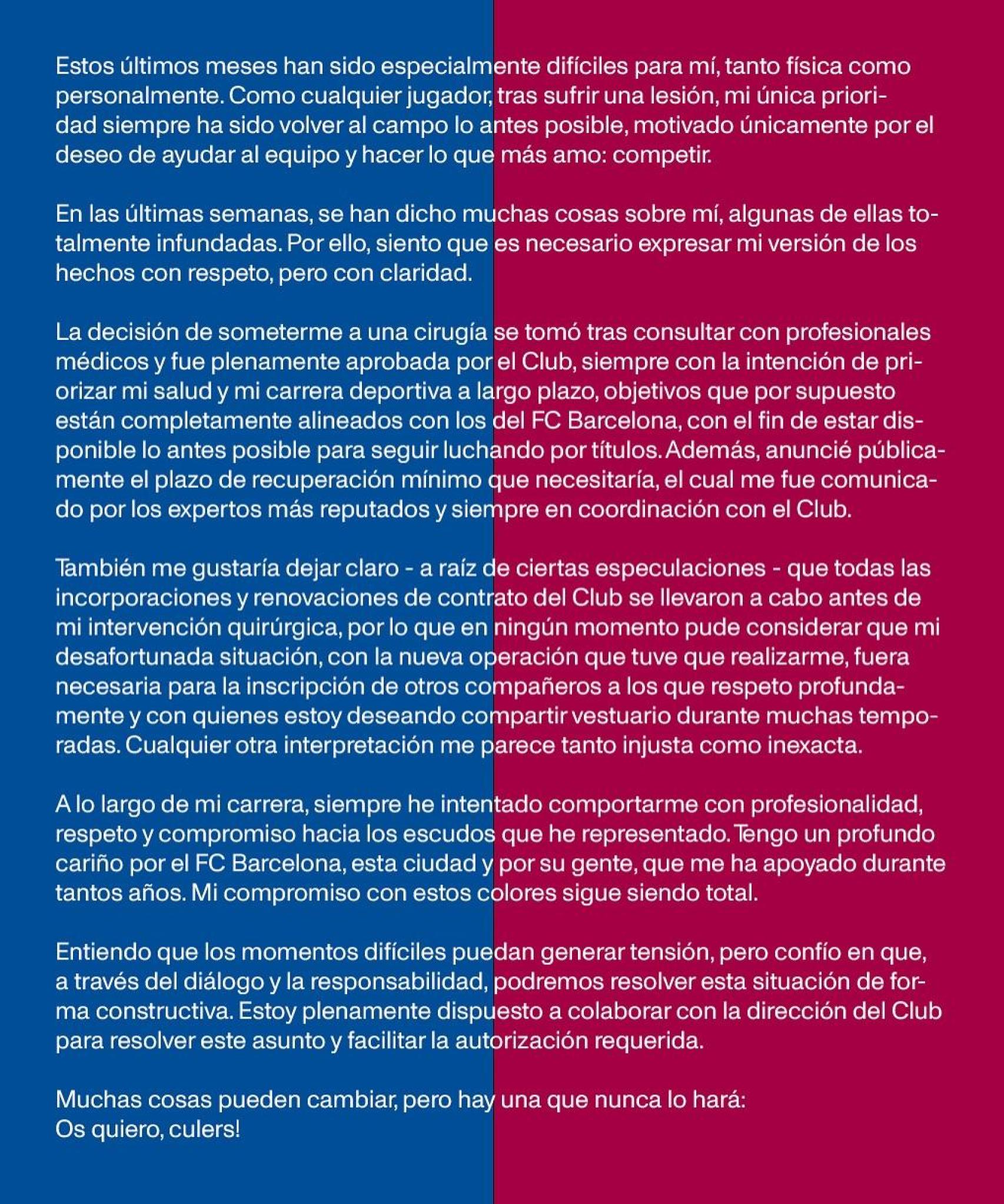 Comunicado de Ter Stegen tras dejar de ser capitán del Barça