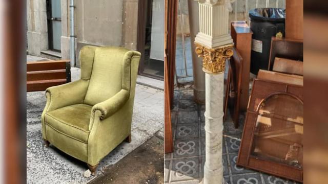 Muebles abandonados al laado de contenedores en Barcelona