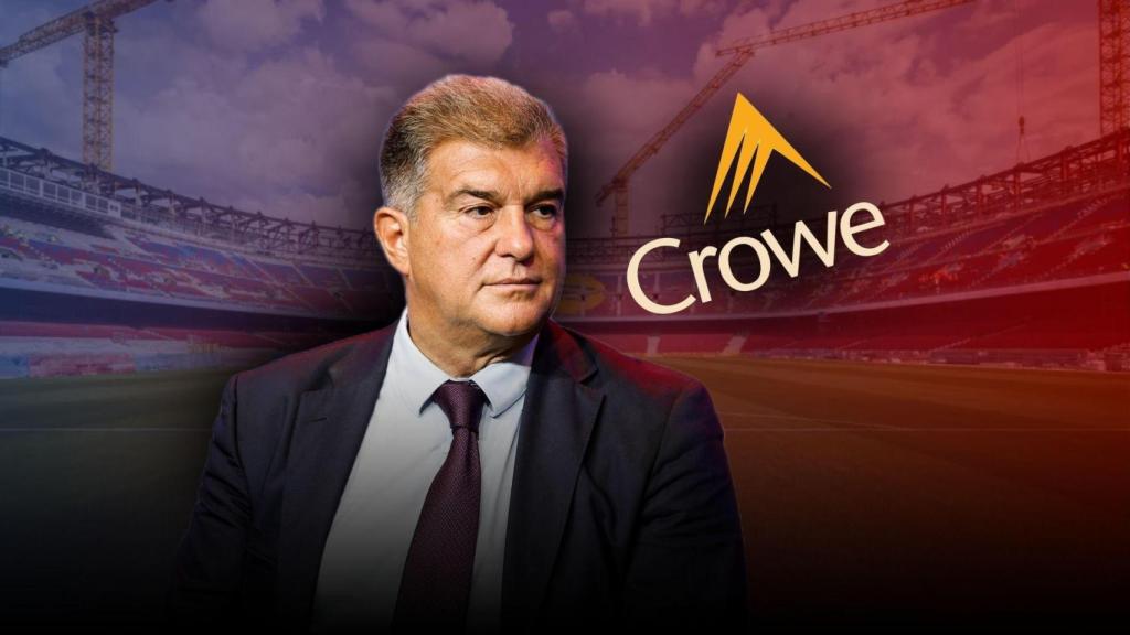 Joan Laporta y el logo de Crowe Global en un montaje sobre el Camp Nou