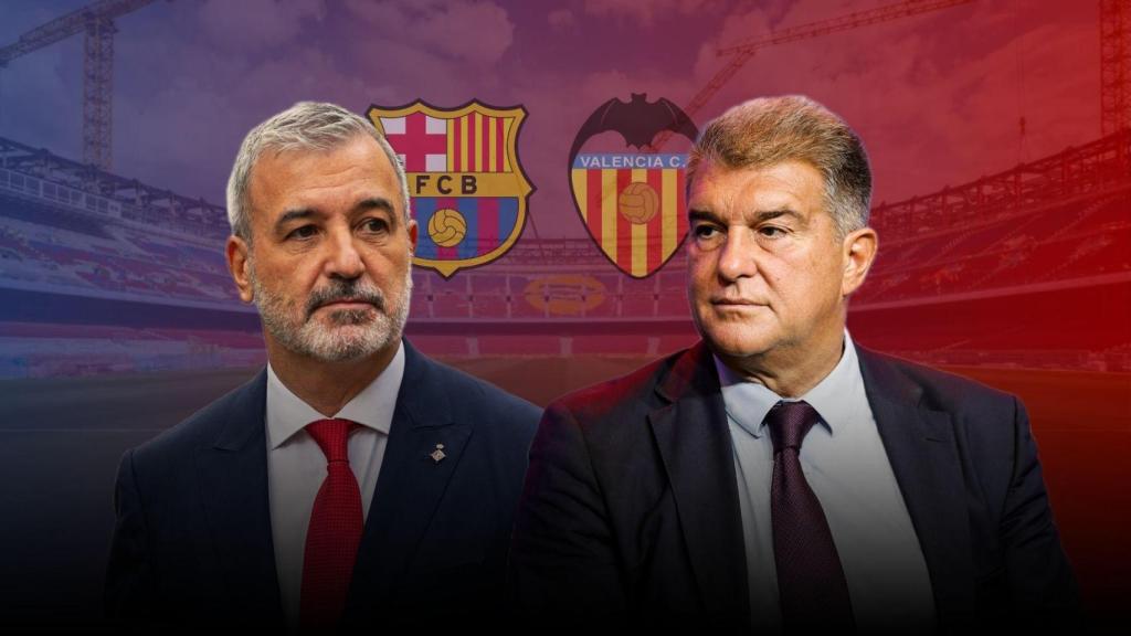 Jaume Collboni y Joan Laporta en un montaje sobre el Camp Nou