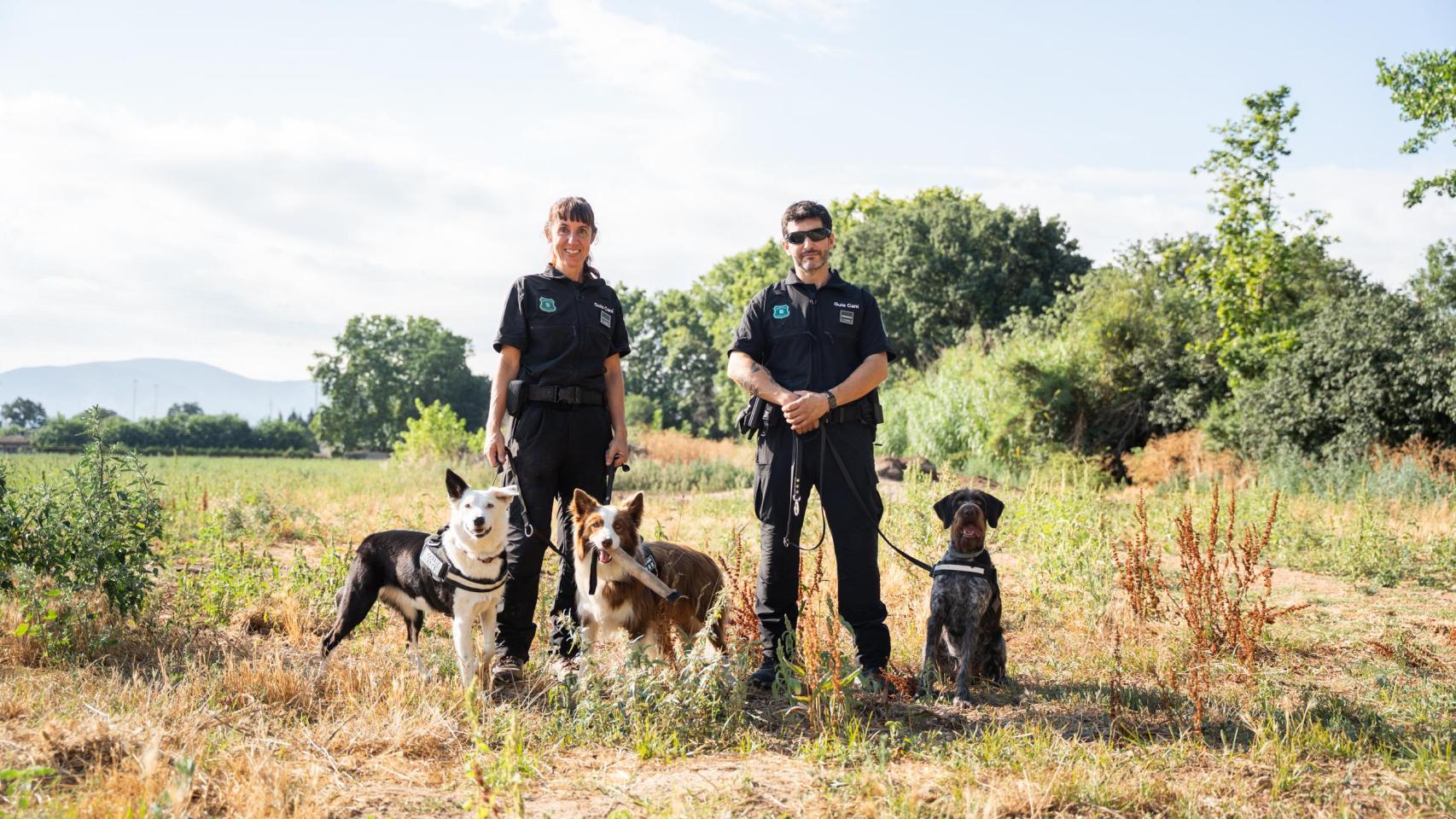 Ana Subirós y Xavier Brenchat, miembros del Grupo Especial Canino (GEK9) de Agents Rurals, junto a los agentes caninos Coli, Zas y Sua