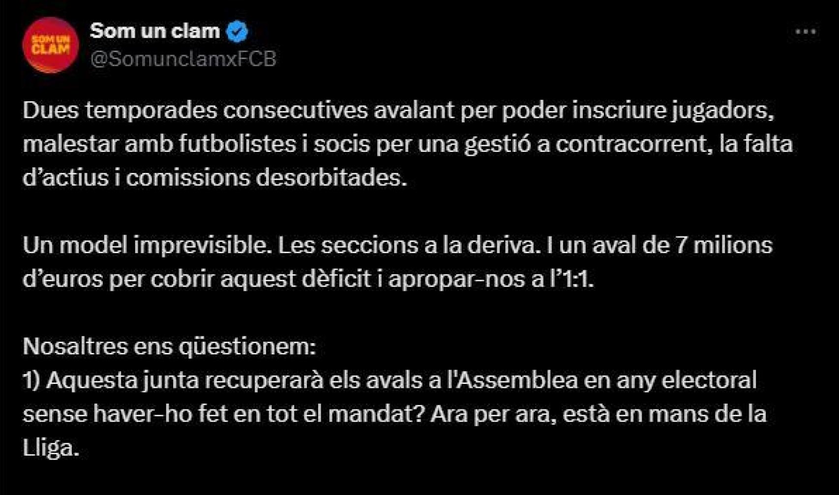 El comunicado de 'Som un Clam' en contra de la gestión de Laporta con el aval de 7 millones para asegurar las inscripciones