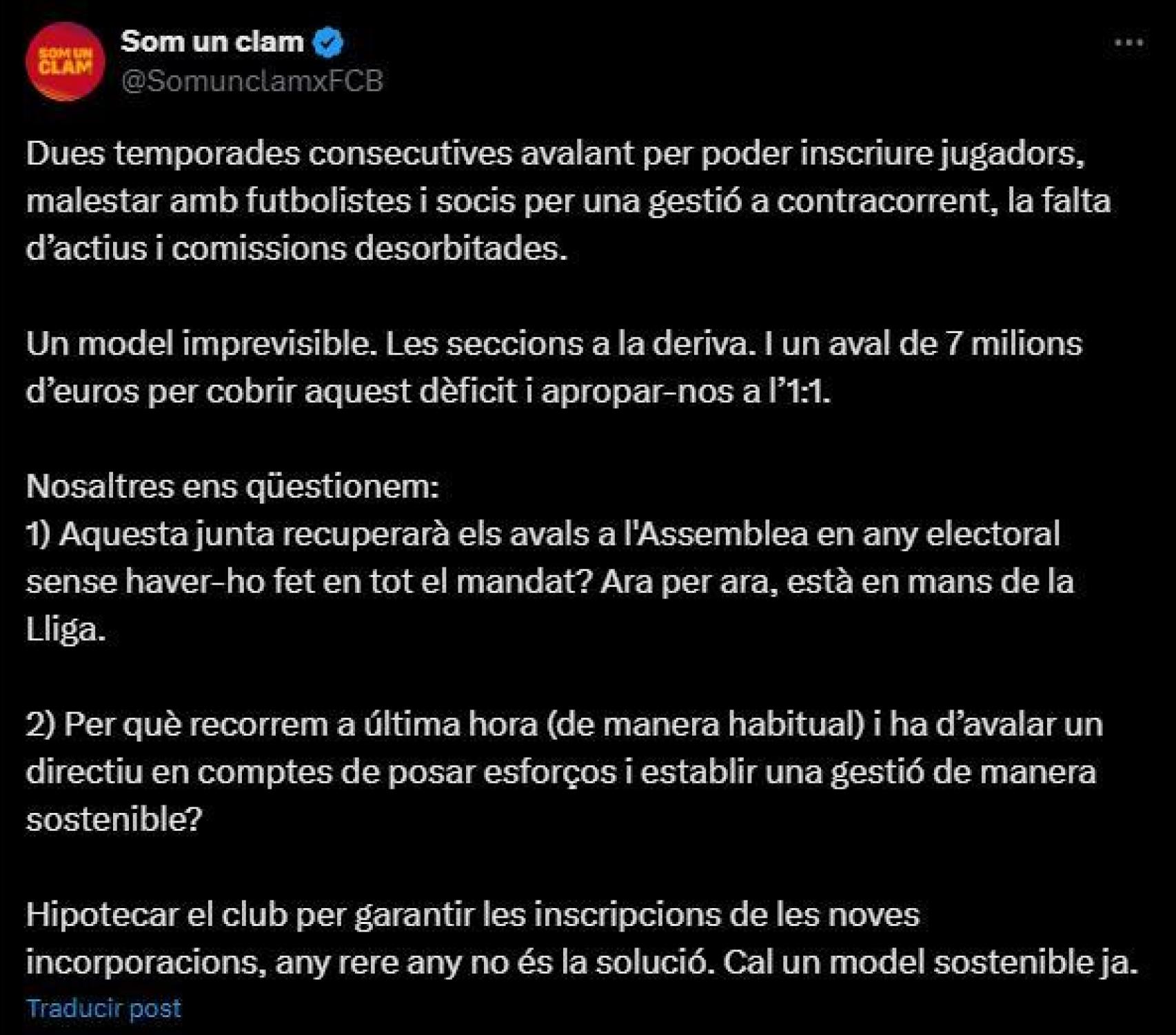 El comunicado de 'Som un Clam' en contra de la gestión de Laporta con el aval de 7 millones para asegurar las inscripciones